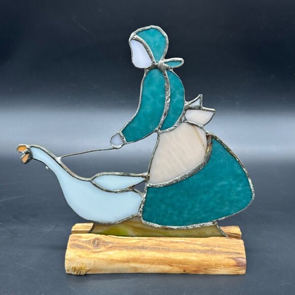 Vintage Stained Glass Goose Maiden Girl Wooden Display Cottagecore Country - Picture 5 of 12